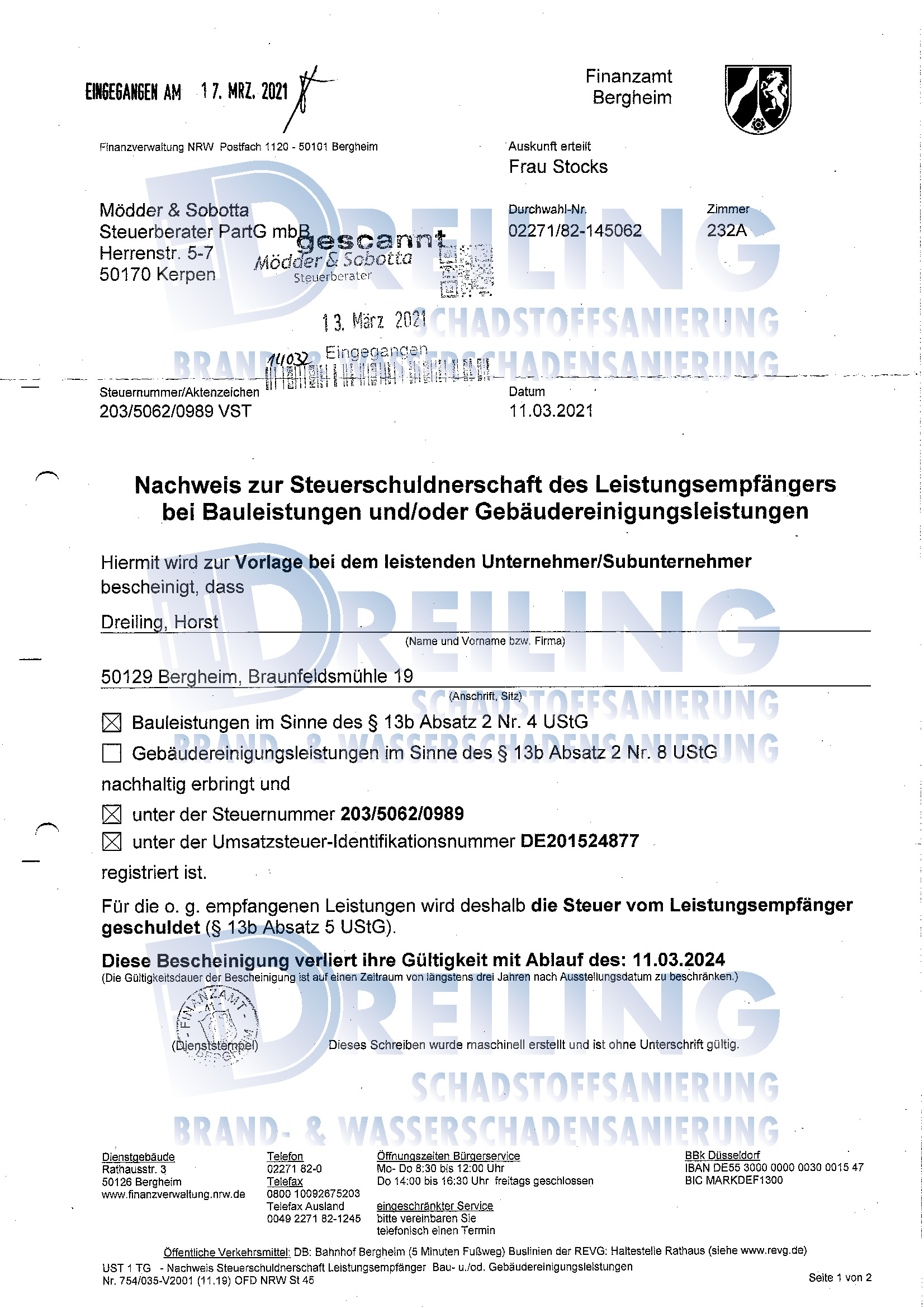 Nachweis zur Steuerschuldnerschaft nach Paragraph 13b-2021